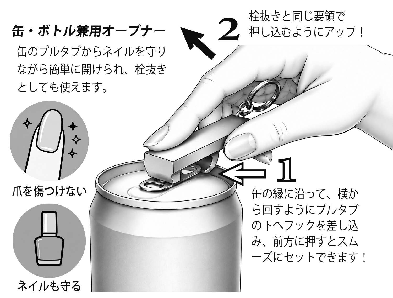 缶・ボトル兼用オープナー 缶の開け方